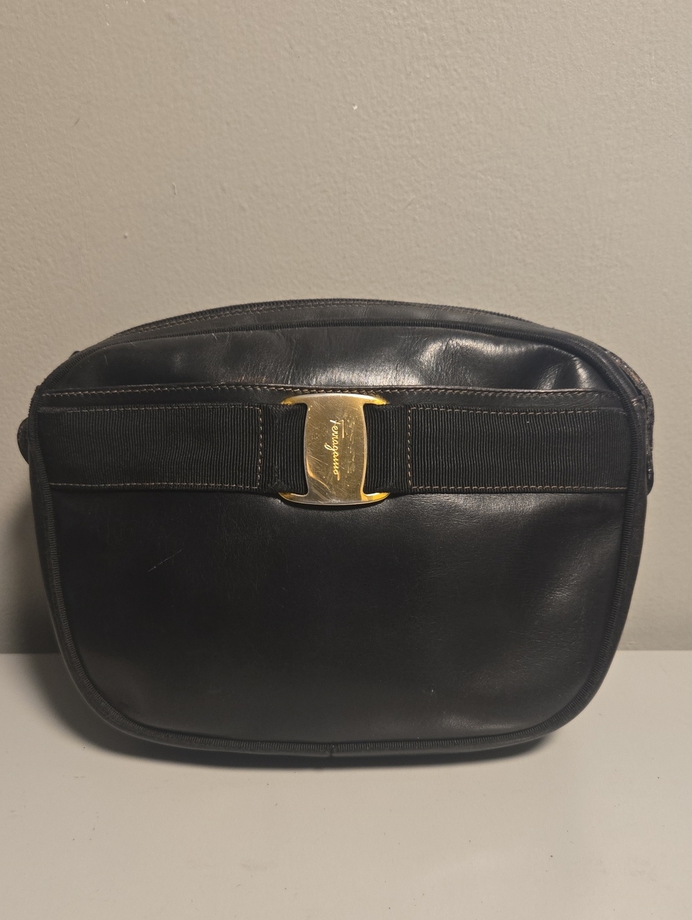 Salvatore Ferragamo Black Leather Crossbody Bag with Gold Buckle